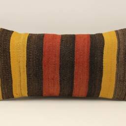 Vintage Turkish Kilim Pillow Cover, Hand-Woven Wool Lumbar Cushion - 10x20 In - thumbnail 2