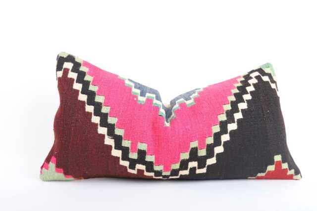 Vintage Turkish Kilim Pillow Orange Striped Wool Lumbar Cover - 12x24 - image 1