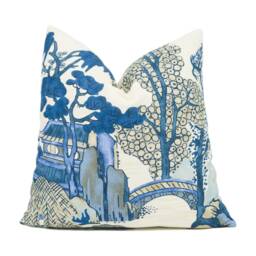 Thibaut - Asian Scenic Blue & Beige Chic Chinoiserie Inspired Cushion Cover Handmade Throw Pillow Designer Home D??cor - thumbnail 1