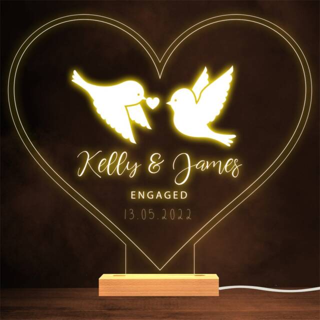 Two Love Birds Engagement Heart Personalised Gift Warm Lamp Night Light - image 1