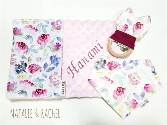 Floral, Baby Personalised Blanket, Bib, Wooden Toy, Shower Gift, Gift Set, Security Hamper - image 1