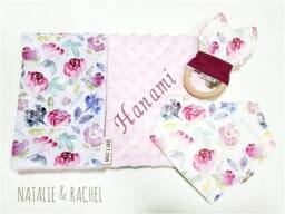 Floral, Baby Personalised Blanket, Bib, Wooden Toy, Shower Gift, Gift Set, Security Hamper - thumbnail 1