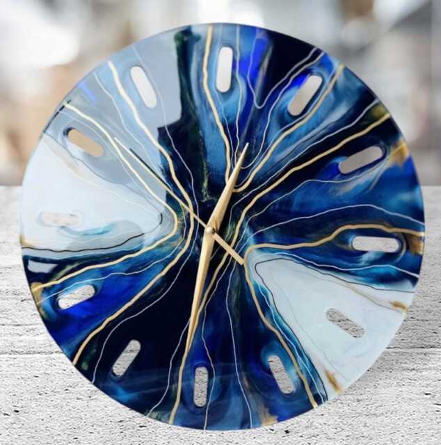Handmade Resin Wall Clock, Geode Marble Effect, Blue & Gold - image 1