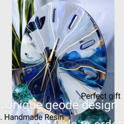 Handmade Resin Wall Clock, Geode Marble Effect, Blue & Gold - thumbnail 2