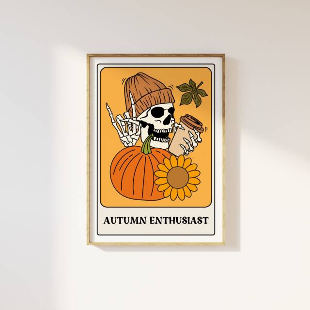 The Autumn Enthusiast Tarot Card Style Print - Fall Print, Funky Fun Retro Poster, Halloween, Skeleton, Cosy Season Home Decor - image 1