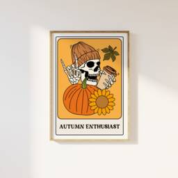 The Autumn Enthusiast Tarot Card Style Print - Fall Print, Funky Fun Retro Poster, Halloween, Skeleton, Cosy Season Home Decor - thumbnail 1