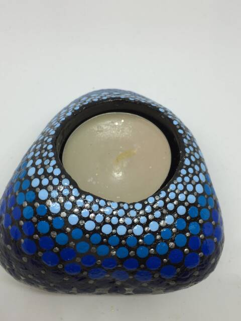 Mandala Stone As Tealight Holder - Dot Painting Blue Silver - image 1
