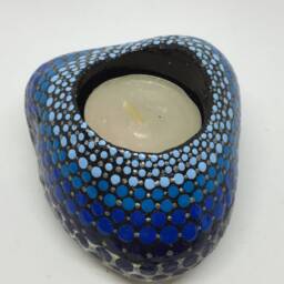 Mandala Stone As Tealight Holder - Dot Painting Blue Silver - thumbnail 2