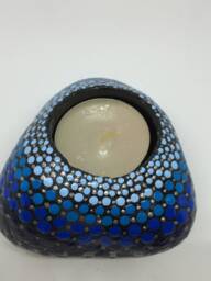 Mandala Stone As Tealight Holder - Dot Painting Blue Silver - thumbnail 1