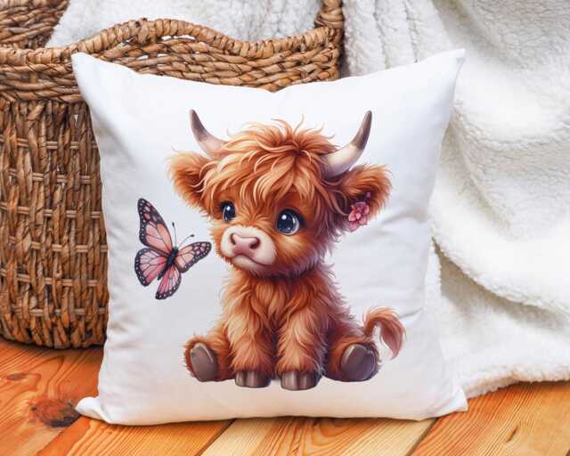 Highland Cow & Butterfly Cushion - image 1