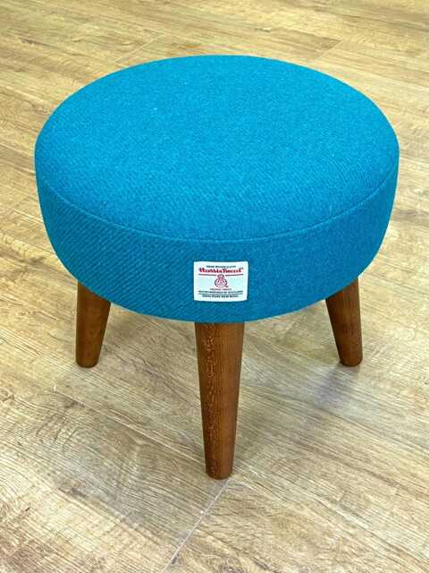 Teal Harris Tweed Footstool With Dark Varnished Wooden Legs - image 1