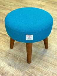 Teal Harris Tweed Footstool With Dark Varnished Wooden Legs