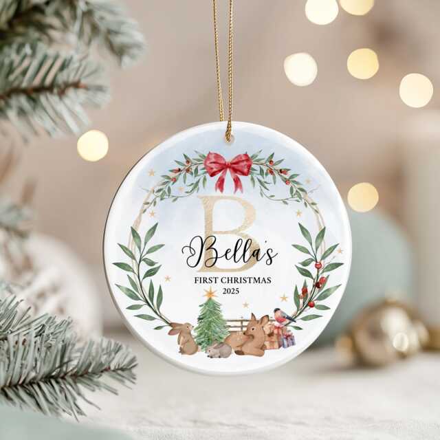 Personalised Baby's First Christmas Ornament 2025 - Woodland Animals Bauble With Initial - image 1