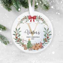 Personalised Baby's First Christmas Ornament 2025 - Woodland Animals Bauble With Initial - thumbnail 3