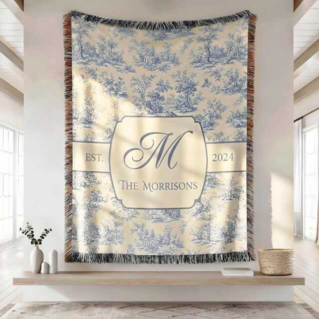 Custom Toile De Jouy Family Name Blanket, Blue Monogram Woven Floral Blanket - image 1