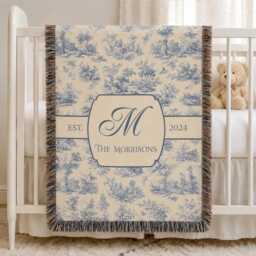 Custom Toile De Jouy Family Name Blanket, Blue Monogram Woven Floral Blanket - thumbnail 2