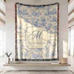 Custom Toile De Jouy Family Name Blanket, Blue Monogram Woven Floral Blanket - thumbnail 1