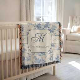 Custom Toile De Jouy Family Name Blanket, Blue Monogram Woven Floral Blanket - thumbnail 3