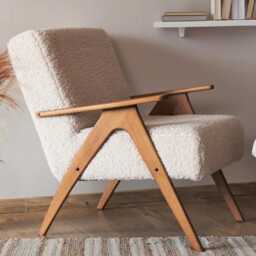 Cream Boucl?? Lounge Chair Mid-Century Teddy Armchair Solid Beech Frame, Handmade - thumbnail 2