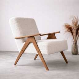 Cream Boucl?? Lounge Chair Mid-Century Teddy Armchair Solid Beech Frame, Handmade