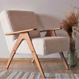 Cream Boucl?? Lounge Chair Mid-Century Teddy Armchair Solid Beech Frame, Handmade - thumbnail 3