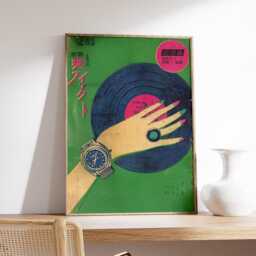 Japanese Vinyl & Watch Print, Retro Pop Wall Art, Vintage Fashion Poster, Mid Century Modern Decor, Blue Green Art - thumbnail 2