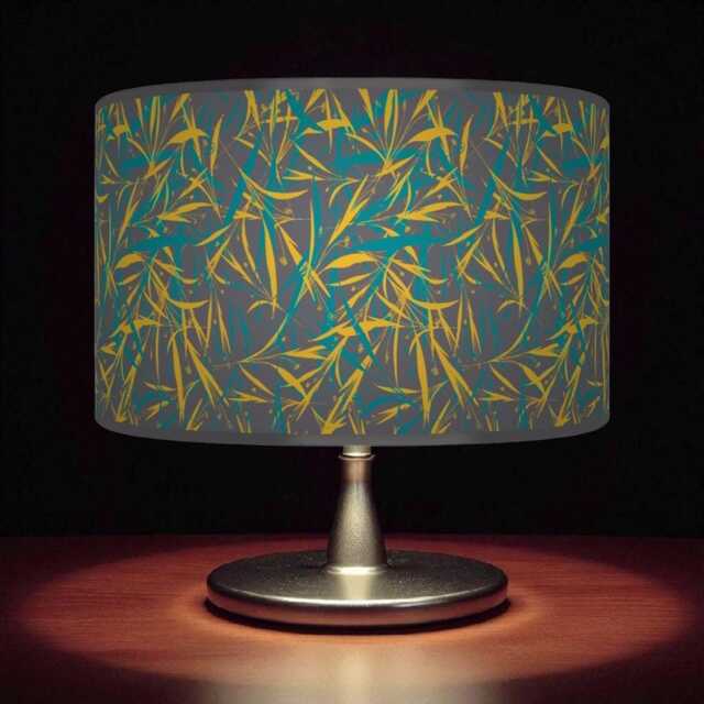 Mustard Grey Leaf Print Lampshade - Handmade Floral Drum Pendant Botanical Ceiling Light For Modern Natural Interiors - image 1
