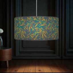 Mustard Grey Leaf Print Lampshade - Handmade Floral Drum Pendant Botanical Ceiling Light For Modern Natural Interiors - thumbnail 3