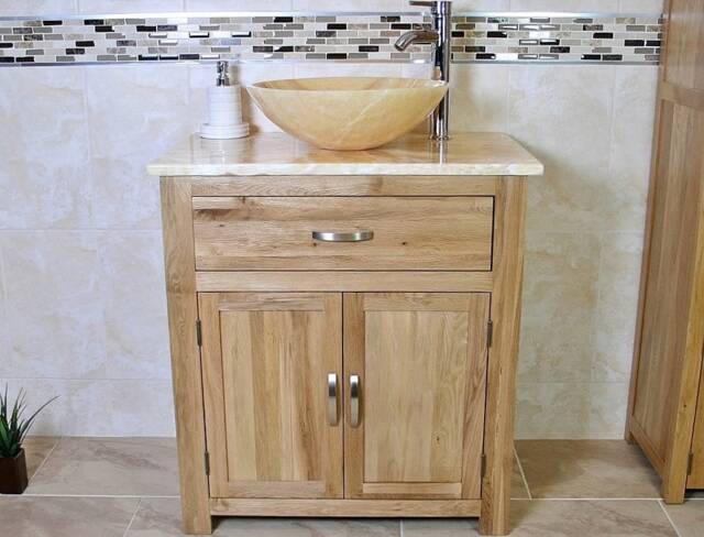 Bathroom Vanity Unit Oak Modern Cabinet Wash Stand Golden Onyx Top & Basin 502Go025Go - image 1