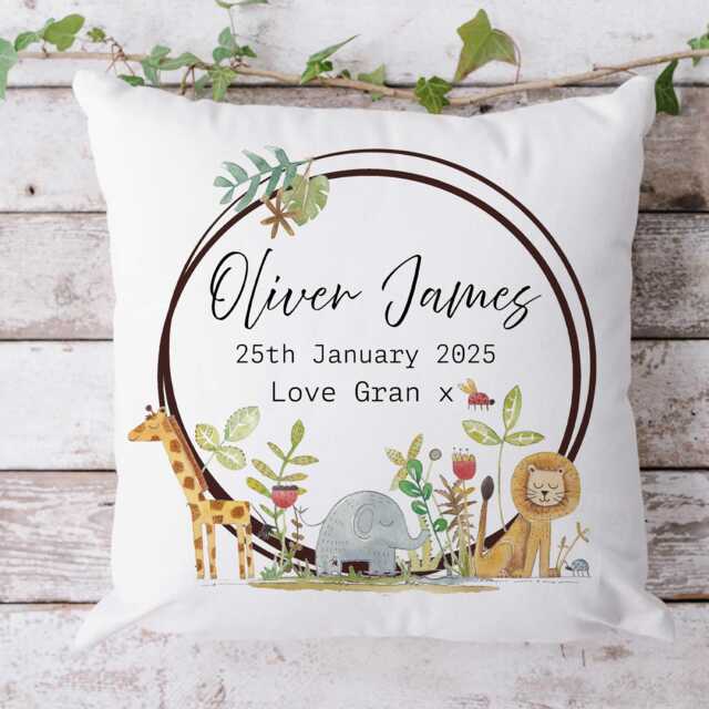Personalised Baby Name Cushion Jungle Animal Nursery Decor - image 1