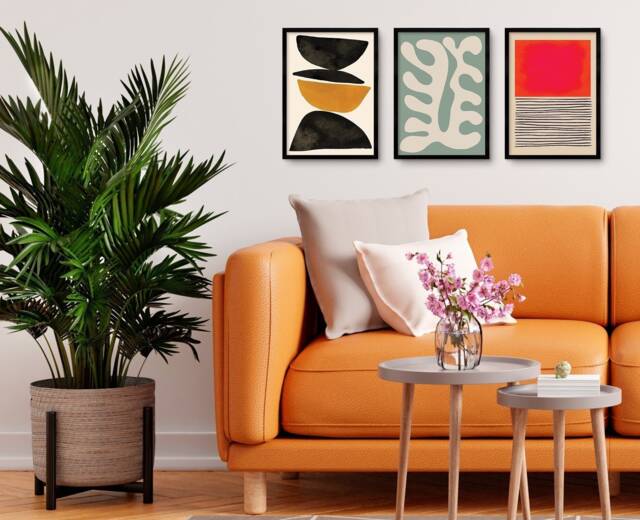 Set Of 3 Three Framed Abstract Art Print Posters Wall Home Decor Modern Contemporary Handdrawn Shapes Colorful Serene Beautiful Mid-Century - image 1