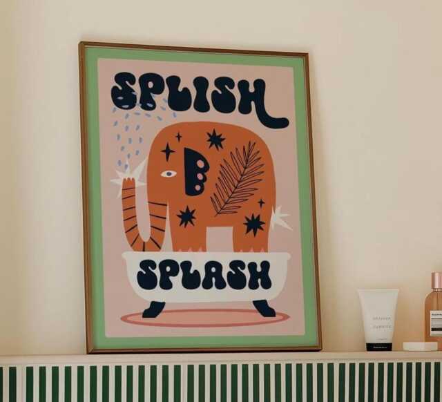 Splish Splash Elephant Bathroom Print, Fun Toilet Wall Art, Funny Poster, Funky Home Decor, Maximalist Trendy, Colourful Animal Art - image 1