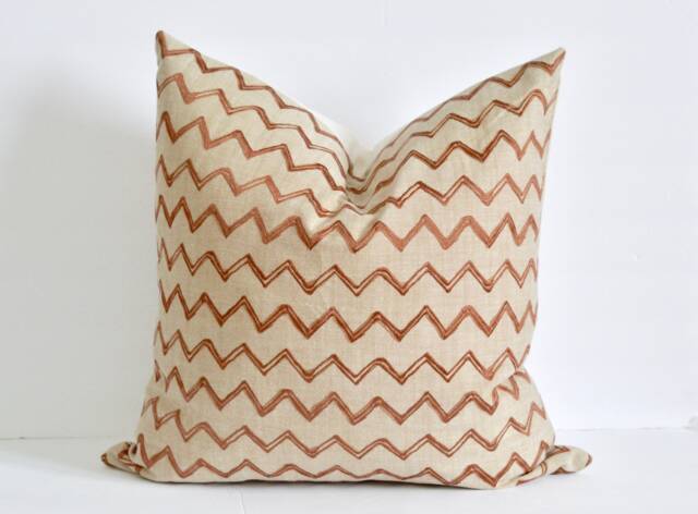 Tan Chevron Pillow Cover Embroidered Metallic Thread Neutral Throw - image 1