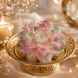 Handmade Lotus Flower Candle - Pink Green Gold Floral Decor, Meditation Wax - thumbnail 4