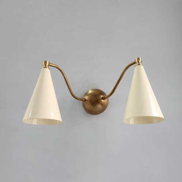 Double Cone Brass Wall Sconce Mid-Century Modern Light With Ivory Shades - image 1