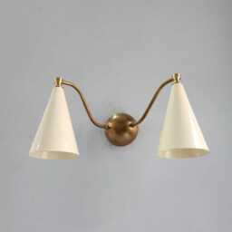 Double Cone Brass Wall Sconce Mid-Century Modern Light With Ivory Shades - thumbnail 1
