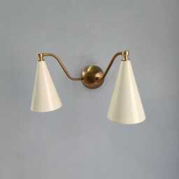 Double Cone Brass Wall Sconce Mid-Century Modern Light With Ivory Shades - thumbnail 2