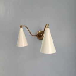 Double Cone Brass Wall Sconce Mid-Century Modern Light With Ivory Shades - thumbnail 3