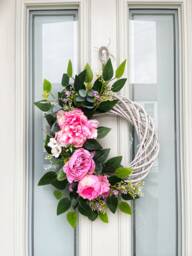 Pink Peony Front Door Wreath Year-Round Floral Wicker Decor - thumbnail 1