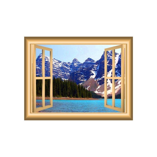 Lake Side Snowy Mountain Green Trees 3D Wall Art Vinyl Decal Window Frame Peel & Stick Easy To Apply Home D??cor Mural - Vwaq Nw44