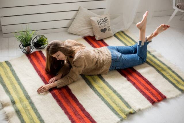 Red Green Wool Rug Striped Living Room Carpet - image 1