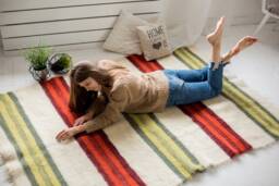 Red Green Wool Rug Striped Living Room Carpet - thumbnail 1