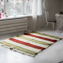 Red Green Wool Rug Striped Living Room Carpet - thumbnail 3