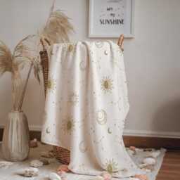 Celestial - Beige & Gold, Sherpa Fleece Blanket, Decor, Kids Bedding, Blankets, Children's Room, Stars Moon, Boho Blanket - thumbnail 1