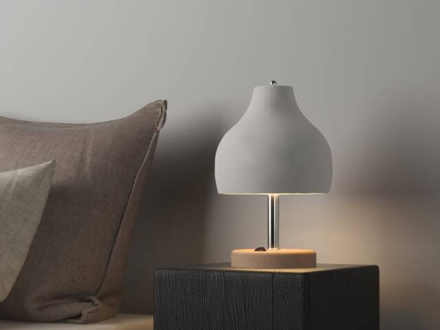 Mid-Century Modern Ceramic Bedside Lamp With Beechwood Base & Warm Glow - Naaya Bell - image 1