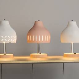 Mid-Century Modern Ceramic Bedside Lamp With Beechwood Base & Warm Glow - Naaya Bell - thumbnail 3