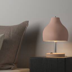 Mid-Century Modern Ceramic Bedside Lamp With Beechwood Base & Warm Glow - Naaya Bell - thumbnail 2