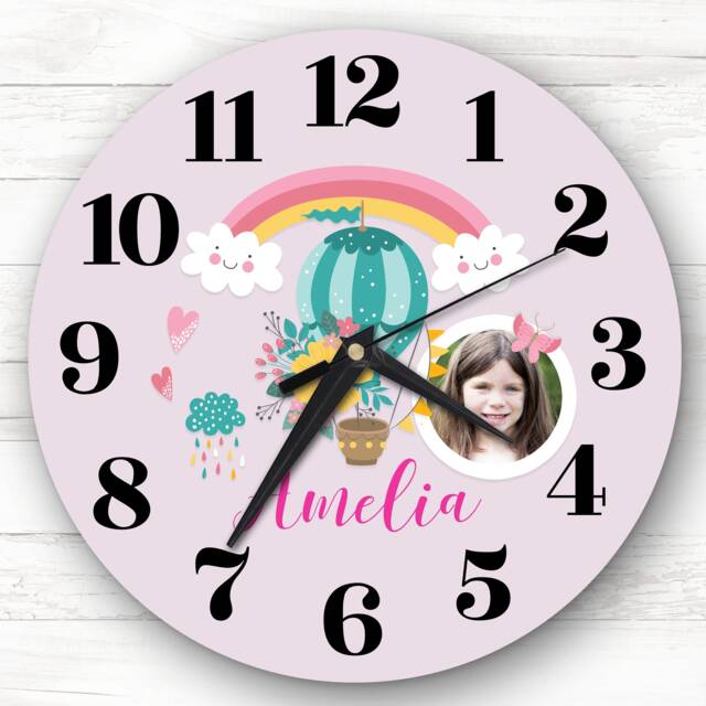 Hot Air Balloon Rainbow Photo Girl Pink Personalised Gift Clock - image 1