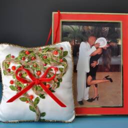 Wedding Rings Pillow, Embroidered Rustic Satin Linen White Jewel Natural Stone Pillow - thumbnail 3