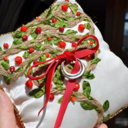 Wedding Rings Pillow, Embroidered Rustic Satin Linen White Jewel Natural Stone Pillow - thumbnail 2